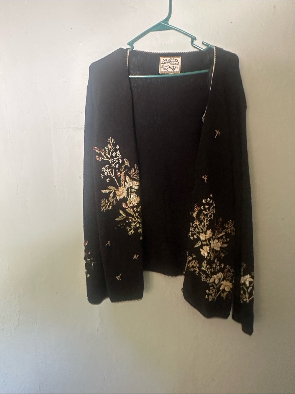 Black Floral Embroidered Open-Front Cardigan Sweater